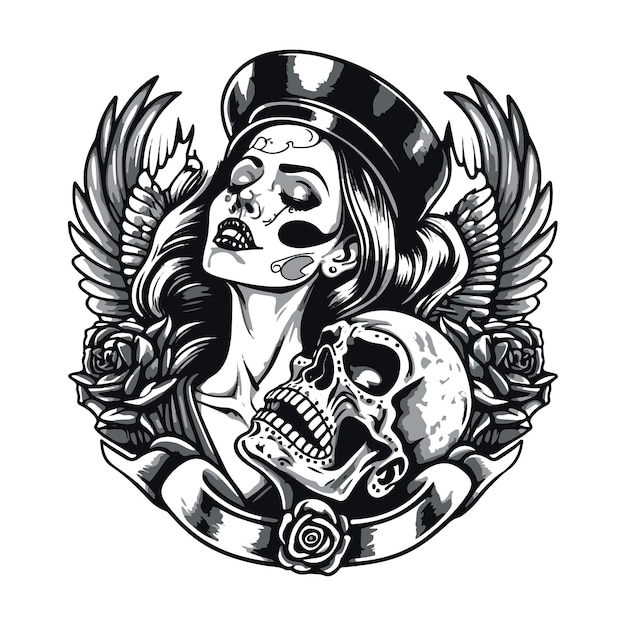 Tatuaje de diseño de niña y calavera.