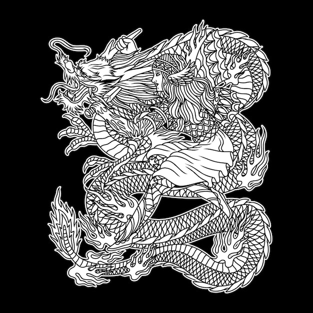 Tatuaje de dragón femenino Ilustración en blanco y negro