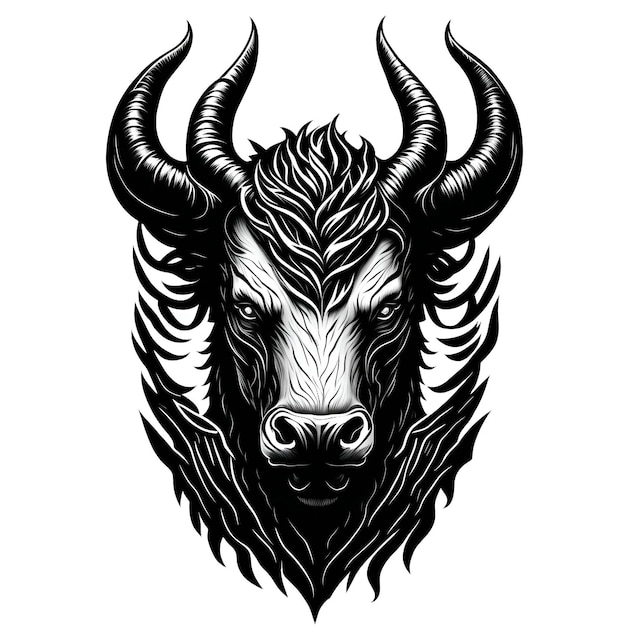 Tatuaje estilo rabia toro salvaje cabeza vista frontal logo emblema heráldica líneas blanco y negro aislado