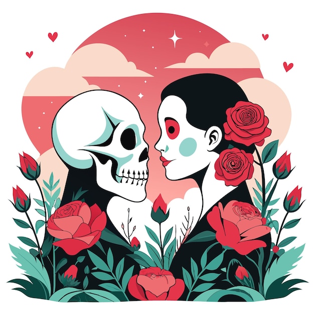 Vector tatuaje de estilo vintage con una pareja de esqueletos que se toman de la mano con intrincados patrones florales