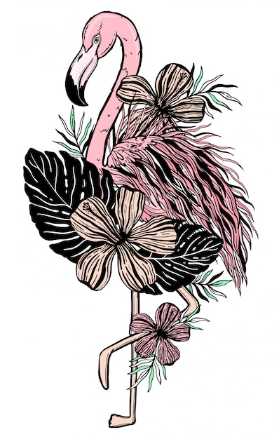 Tatuaje de flamingo animal tropical ave. dibujo naturaleza verano.