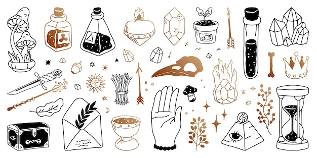 Tatuaje de garabato místico Elementos abstractos mágicos geometría oculta logotipo Vector conjunto aislado