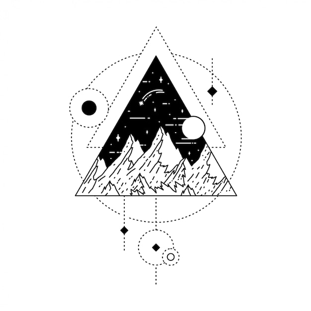 Tatuaje geométrico con montaña y luna