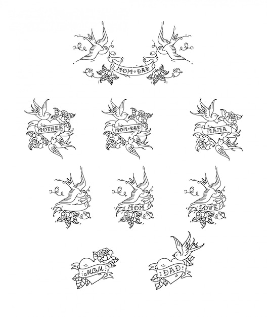 Tatuaje de golondrinas con la inscripción de papá mamá en cinta. Ilustracion vectorial Tatuaje, vieja escuela americana.