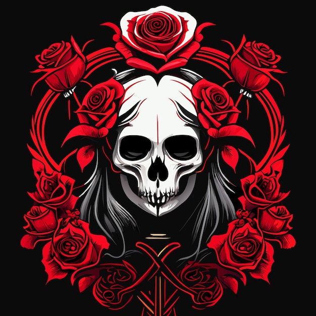 Vector tatuaje gótico vintage dibujado a mano con calavera y rosas, cabeza de esqueleto muerto y flores rojas