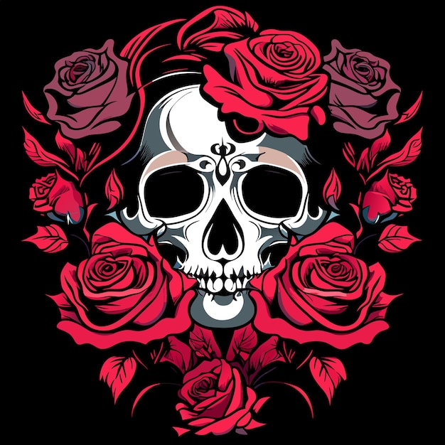 Vector tatuaje gótico vintage dibujado a mano con calavera y rosas, cabeza de esqueleto muerto y flores rojas