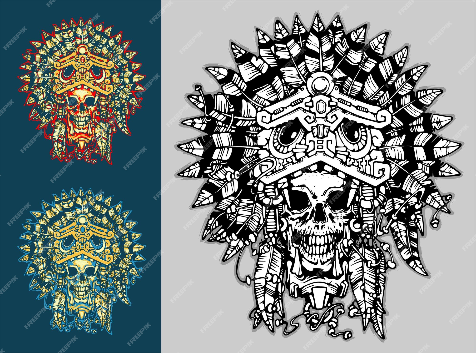Tatuaje de guerrero azteca calavera ilustración vectorial | Vector Premium