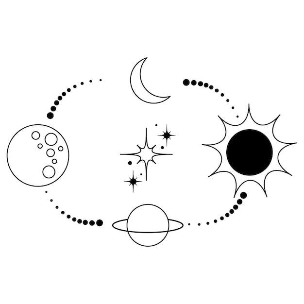 Tatuaje mágico boho con estrella luna planeta sol punto diseño bohemio ícono de logotipo esotérico con sistema estelar