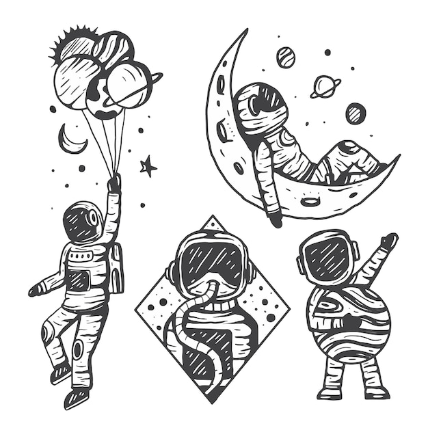 Vector tatuaje minimalista de astronauta dibujado a mano