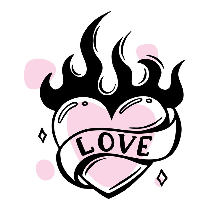Vector tatuaje de niña temporal transferible un corazón caliente con una llama amor pasión lineart grabado