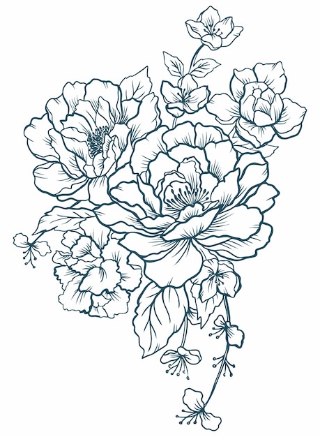 Tatuaje de peonías de flores gráficas en blanco y negro
