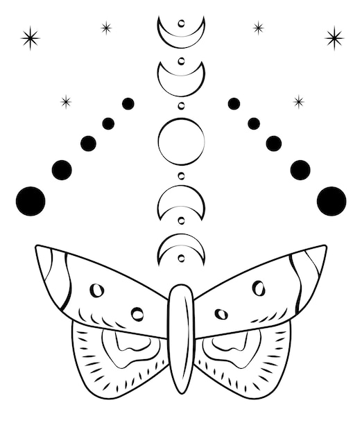 Tatuaje de polilla. Arte vectorial negro. Luna oculta celestial. Gráfico minimalista. Mariposa dibujada a mano.