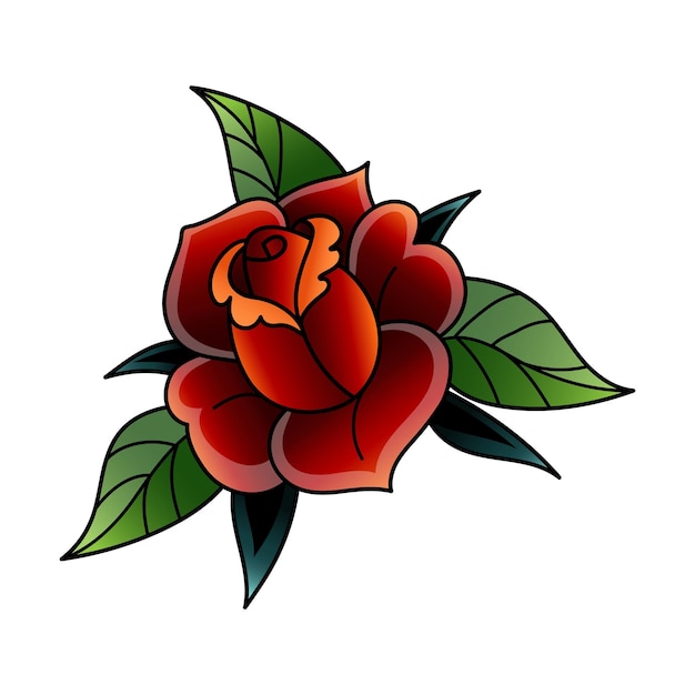 Tatuaje de rosa Flor tradicional Impresión de tinta de la vieja escuela Retro pétalos y hojas rojas Planta en flor Estilo de arte americano Flor pintada aislada Dibujo de ramo Elemento de tatuaje vectorial