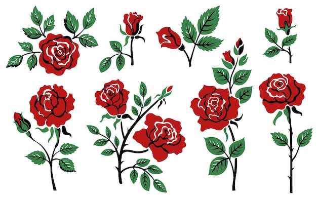 Tatuaje de rosa roja silueta de flor con hojas rosas románticas iconos de flores para el amor y el diseño de bodas elementos simples de flor de rosa tatuajes vectoriales conjunto aislado