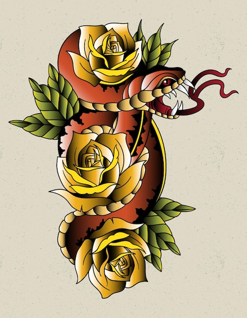 Tatuaje de serpiente con rosas amarillas