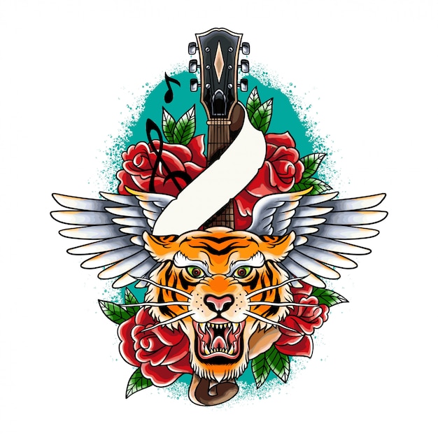 Tatuaje de tigre colorido vector dibujado a mano con ala de guitarra y rosas ilustración