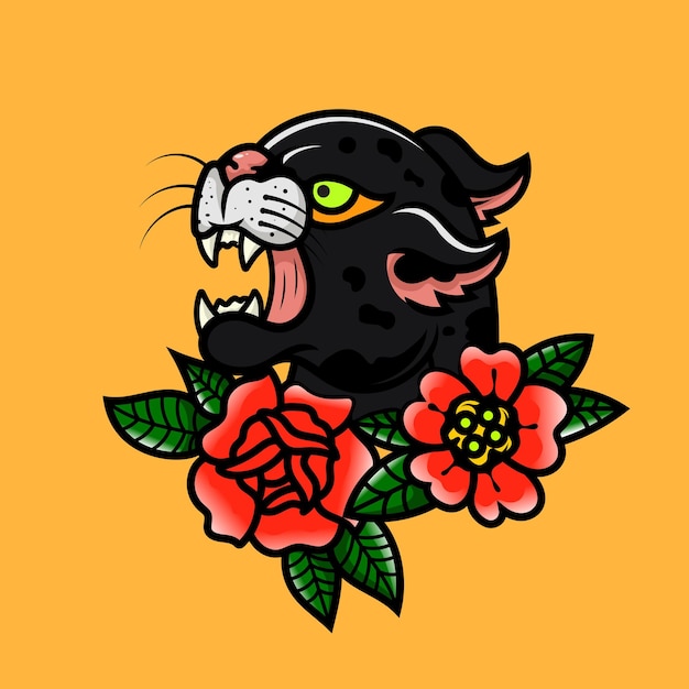 Tatuaje tradicional de pantera vintage e ilustración de flores elemento de diseño tatuaje de la vieja escuela