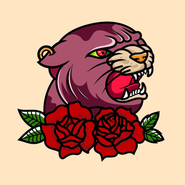 Tatuaje tradicional de pantera vintage e ilustración de flores elemento de diseño tatuaje de la vieja escuela