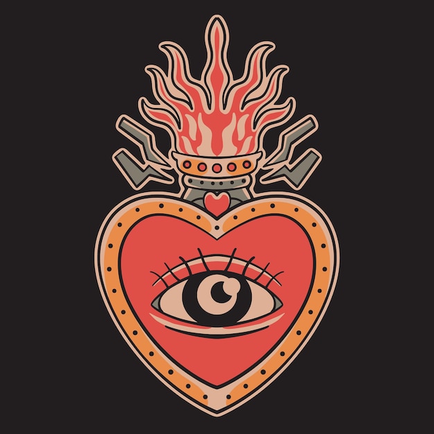 Vector tatuaje tradicional de la vieja escuela amor ardiente ojo de forma en ilustración vectorial