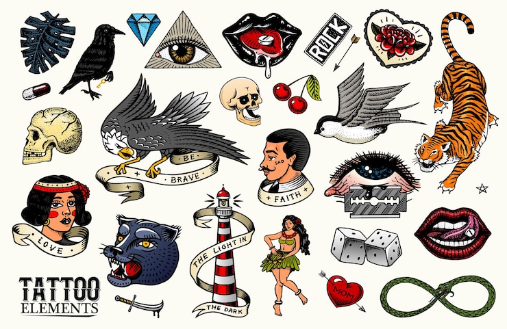 Vector tatuaje de la vieja escuela conjunto tigre y labios águila y golondrina cráneo y pájaro en estilo rock dibujo retro vintage dibujado a mano grabado para cuaderno o logotipo o camisetas