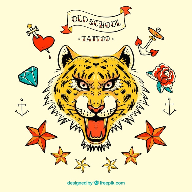 Tatuajes de tigre y otros elementos dibujados a mano