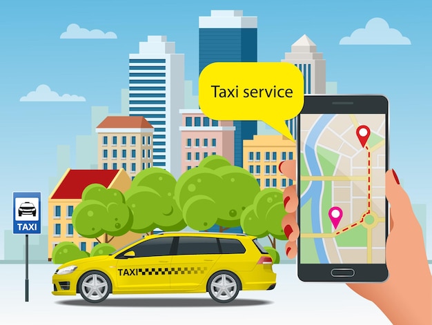 Taxi amarillo y aplicación móvil en teléfono con fondo de ciudad. Aplicación móvil para el servicio de reserva. Ilustración de vector plano para negocios, infografía, banner, presentaciones.