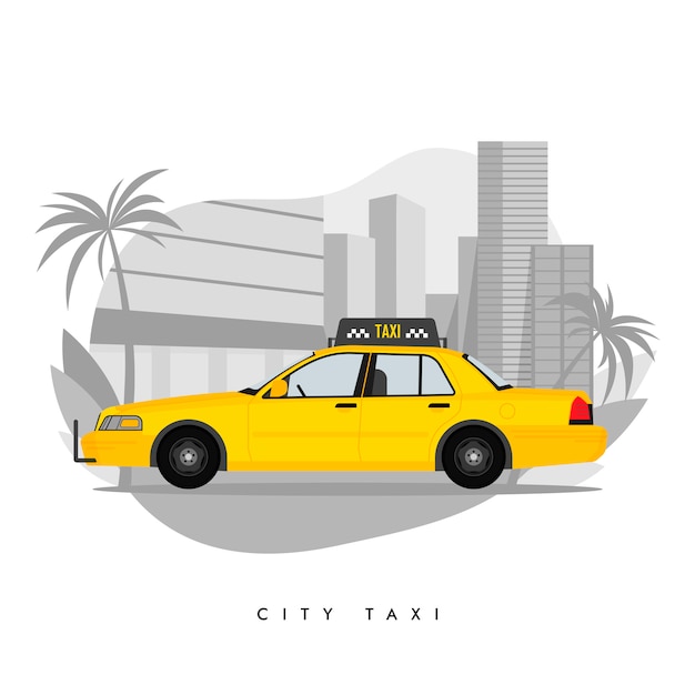 Taxi amarillo en la ciudad con rascacielos y torre con palmeras ilustración