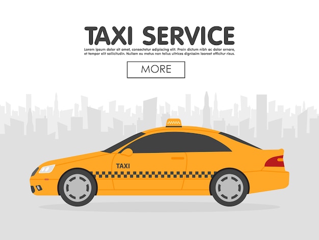 Vector taxi amarillo delante de la silueta de la ciudad, ilustración vectorial en diseño plano simple