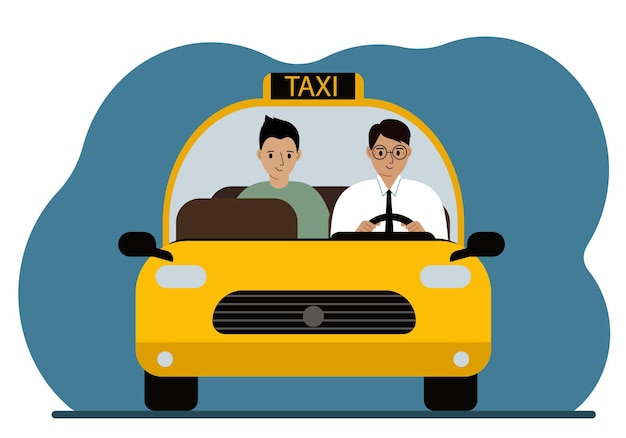 Taxi amarillo. Un hombre con camisa y corbata, un taxista, lleva a un pasajero. Primer plano. Ilustración plana vectorial