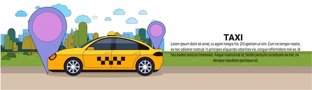 Taxi auto con gps ubicación muestra plantilla de banner horizontal de servicio de taxi en línea