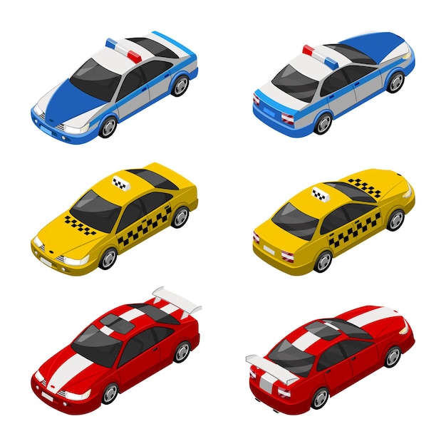 Taxi auto, vehículo policial y coche de carreras ilustración isométrica 3d