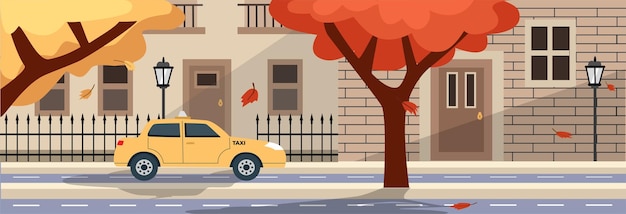 Taxi frente a una casa con un árbol y una casa en el fondo