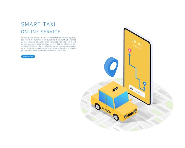 Taxi inteligente Concepto de servicio de taxi en línea Vector isométrico plano con mapa de taxi y teléfono inteligente Ilustración vectorial