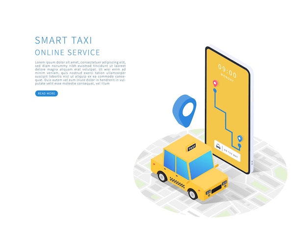 Taxi inteligente concepto de servicio de taxi en línea vector isométrico plano con mapa de taxi y teléfono inteligente ilustración vectorial