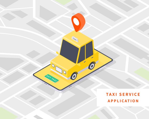 Taxi inteligente Concepto de servicio de taxi en línea Vector isométrico plano con mapa de taxi y teléfono inteligente Ilustración vectorial