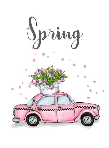 Vector taxi y un ramo de tulipanes ilustración vectorial para tarjeta de felicitación o póster flores de primavera