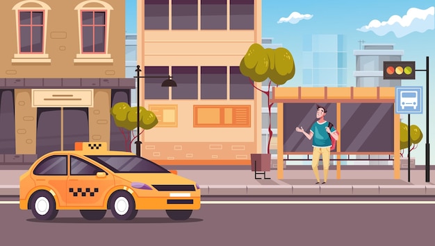 Taxi servicio de coche taxi de pie en la ciudad calle carretera puerta concepto diseño gráfico ilustración
