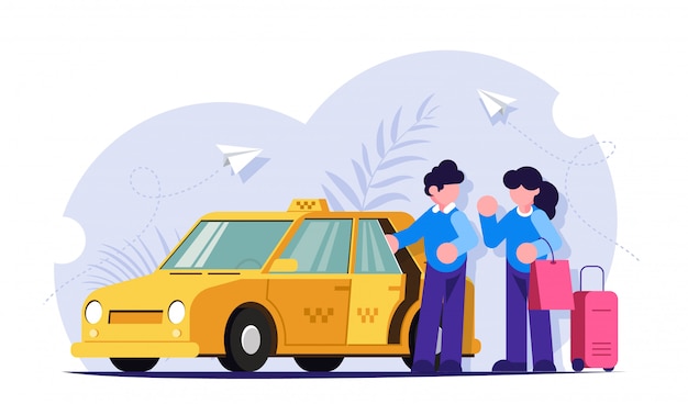 El taxista ayuda a la niña con el equipaje. La gente se para cerca de un auto amarillo