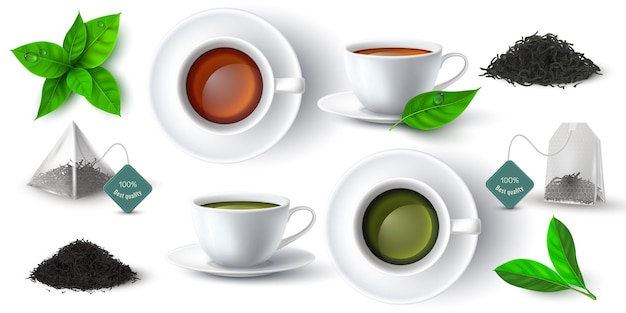 Taza 3d realista con té verde y negro, hojas y bolsita de té piramidal. Tazas con vista lateral y superior de bebida caliente. Conjunto de vector de pilas de té de hierbas secas. Taza con bebida, hojas secas y frescas.