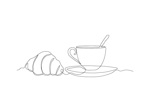 Taza abstracta de té o café y croissant dibujo artístico continuo de una sola línea esbozo de logotipo