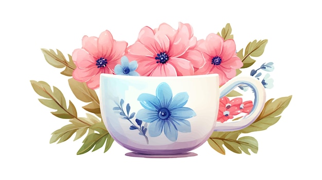 Vector taza de acuarela con flor aislada sobre fondo blanco