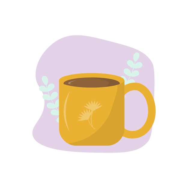Taza amarilla con café sobre fondo púrpura vector ilustración plana