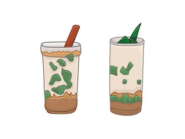una taza de arena y una botella de bebida de coco con un dibujo de dibujos animados de una mujer en el lado