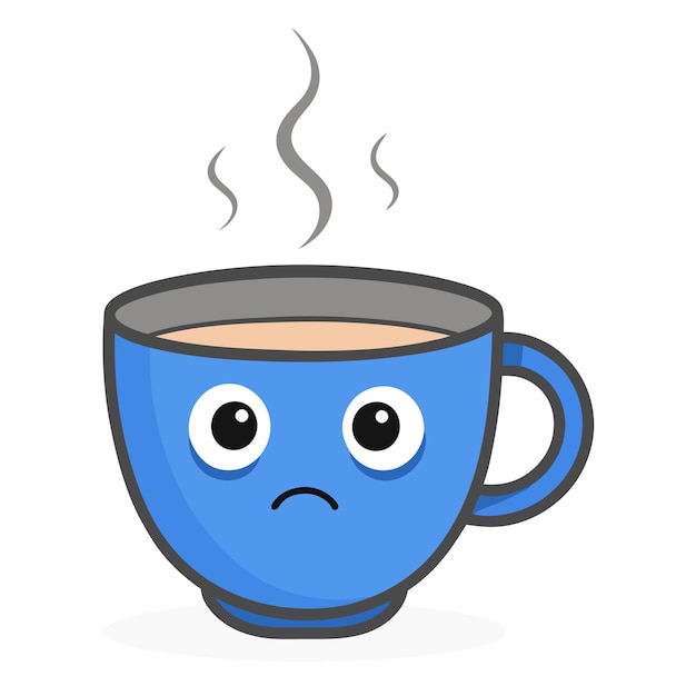 una taza azul de café con una cara triste en ella