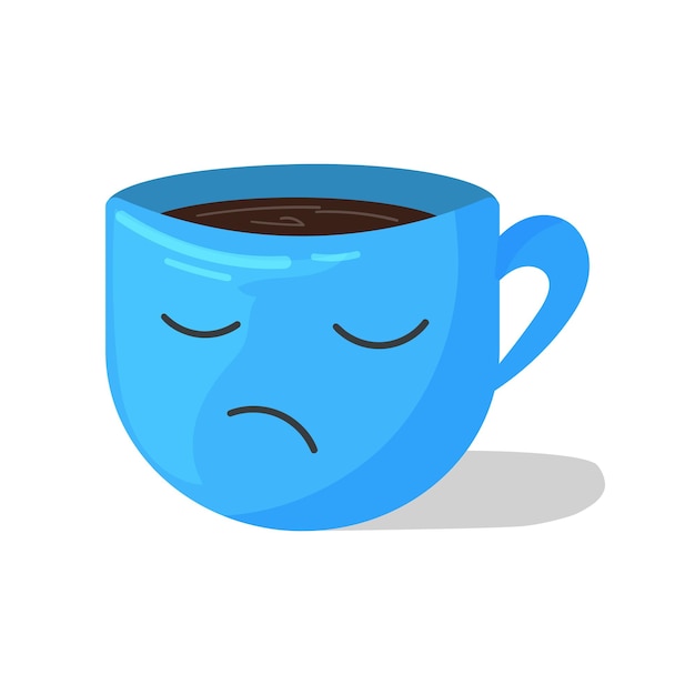 una taza azul con una cara triste está en un fondo blanco