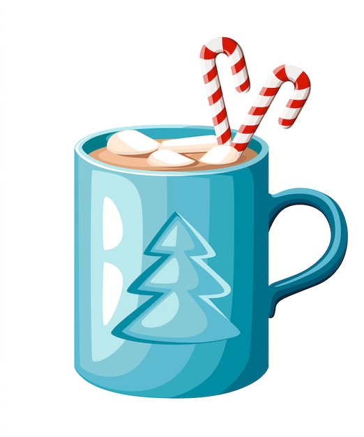 Taza azul de chocolate caliente o café con bastón de caramelo y malvaviscos ilustración sobre fondo blanco.
