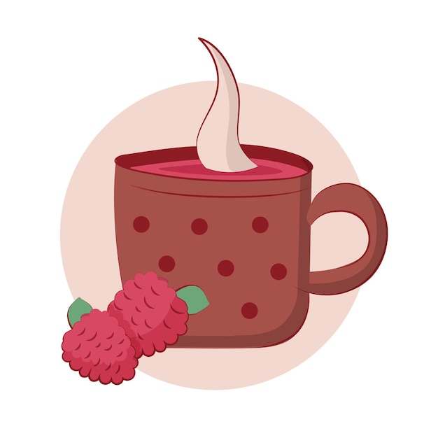 Una taza de bebida aromática con frambuesas. Taza de té caliente en una taza de patrón de lunares Ilustración vectorial