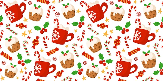 Taza de bebida caliente de cacao rojo navideño, bastón de caramelo, patrón de pastel dulce