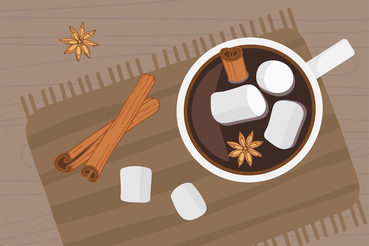 Vector taza de bebida caliente se encuentra en la mesa de madera en una servilleta marrón claro chocolate caliente o café