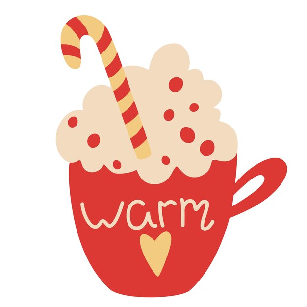 Taza con bebida caliente y nata montada. Taza dibujada a mano de té, café o chocolate y bastón de caramelo. Dibujar a mano bebida de temporada caliente. Mano de dibujos animados de vector dibujar ilustración sobre un fondo blanco.
